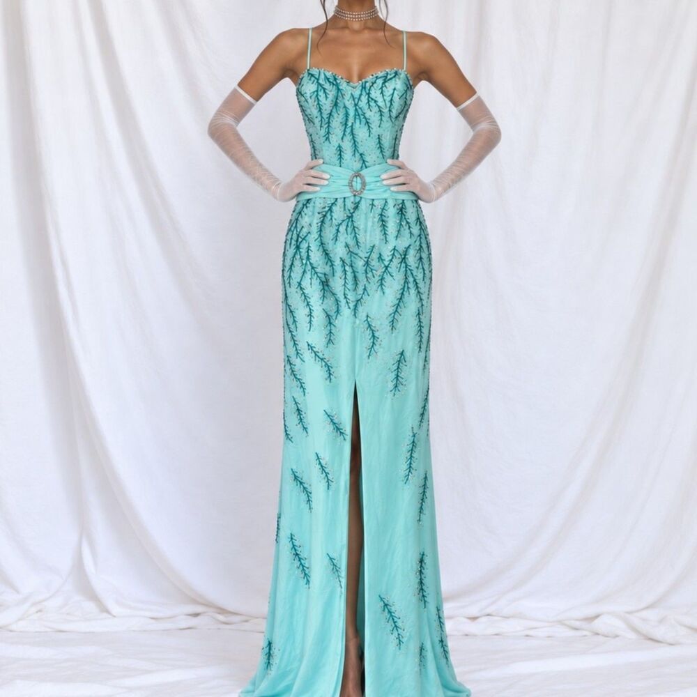 Vintage Y2K 90s Blue Beaded Front Slit Bodycon Maxi Formal Prom Dress Size M